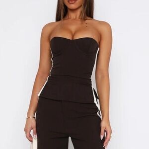 White Fox Boutique Strapless Brown Top with White Trim